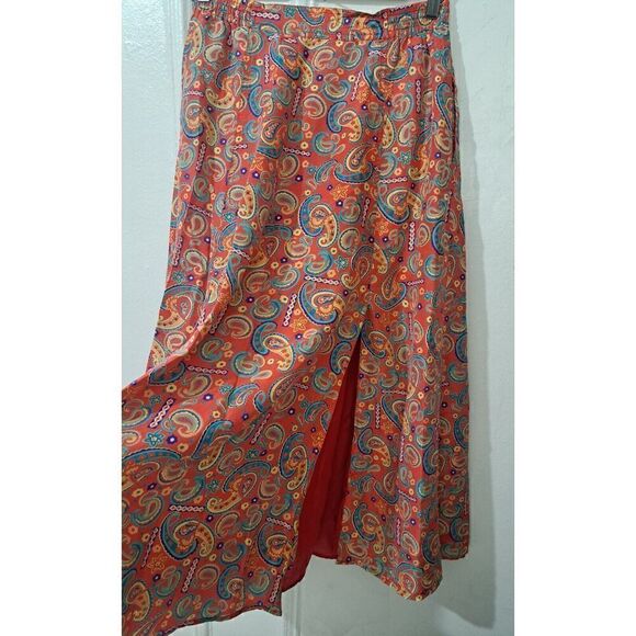 Vintage Silk Spirit Womens Medium 100% Silk  Paisley Maxi Skirt Pockets Orange - Picture 8 of 9